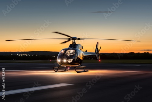 Luxury luxurious business helicopter private heli chopper on landing pad fast transportation success journey rich wealth corporate flight fly flying sky ground horizon sun clouds landing style stylish