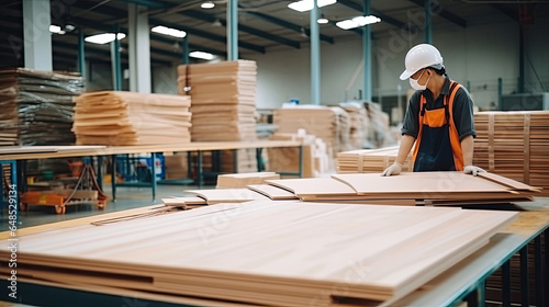 Staff working in wood furniture industry factory checking inventory of plywood wooden board type material in stock wood store warehouse.