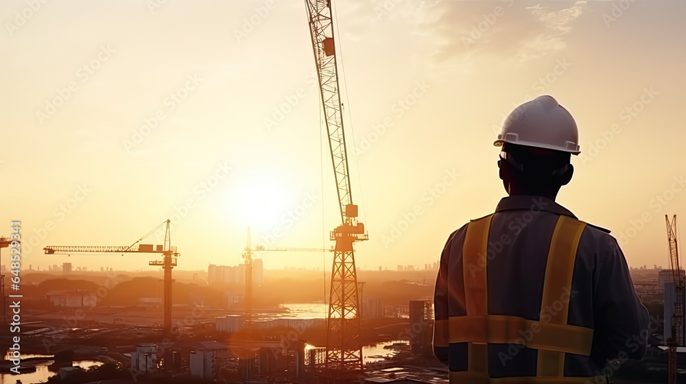 Successful Worker Wearing Hard Hat and Safety Vest Standing on Building Construction Site Crane Machinery and sunset sky Background