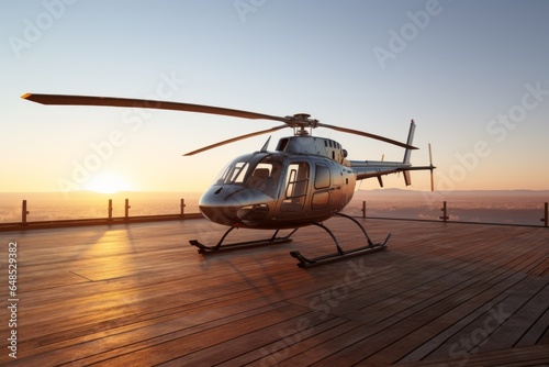 Luxury luxurious business helicopter private heli chopper on landing pad fast transportation success journey rich wealth corporate flight fly flying sky ground horizon sun clouds landing style stylish