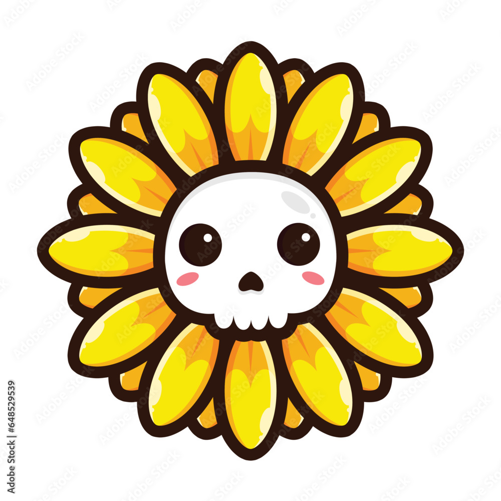 The skull head is in the shape of a sunflower The skull head is in the shape of a sunflower