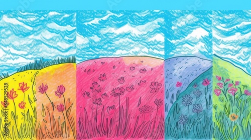 Child's Hand-Drawn Wax Crayon Meadow with Grass Hills, Blue Sky, and Flowers Set. Vibrant Spring and Summer Kids' Painting on Pastel Chalk Background Banner