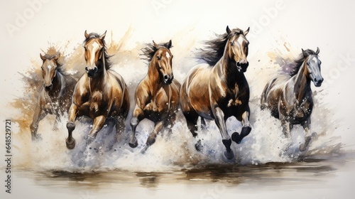 watercolor painting of running horses