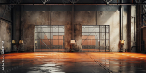 Empty large and old factory building with concrete walls and sunrays