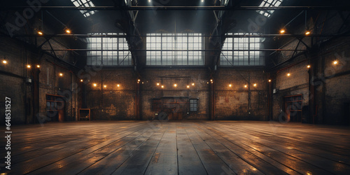 Canvas Print Empty large and old factory building with large windows and sunrays
