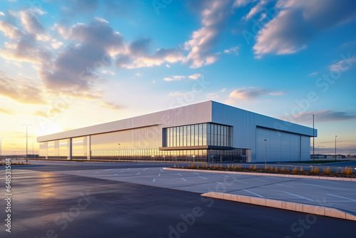 Logistics management modern warehouse and parking in background or beautiful sky and senset lighting. Management concept for logistics and online shops.
