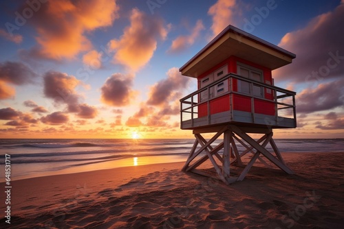Sunrise lifeguard house on Hollywood Beach, South Florida, USA. Generative AI © Anais