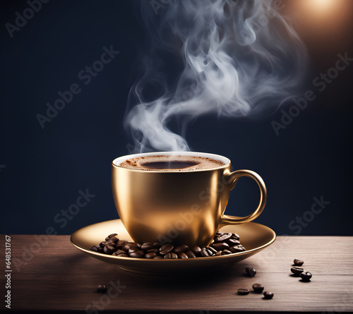Hot aromatic coffee in a golden cup with smoke coming out of it with scattered coffee beans around on dark background