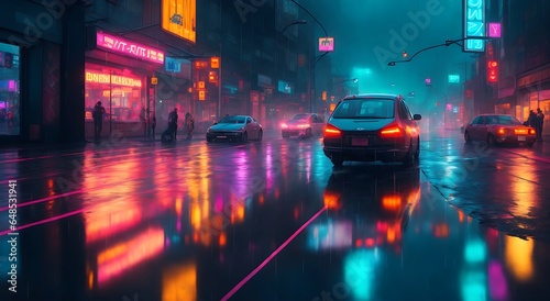 Dynamic urban scene with rain and streets  generative AI