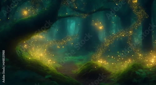 Magical forest scene with illuminated fireflie ,generative AI
