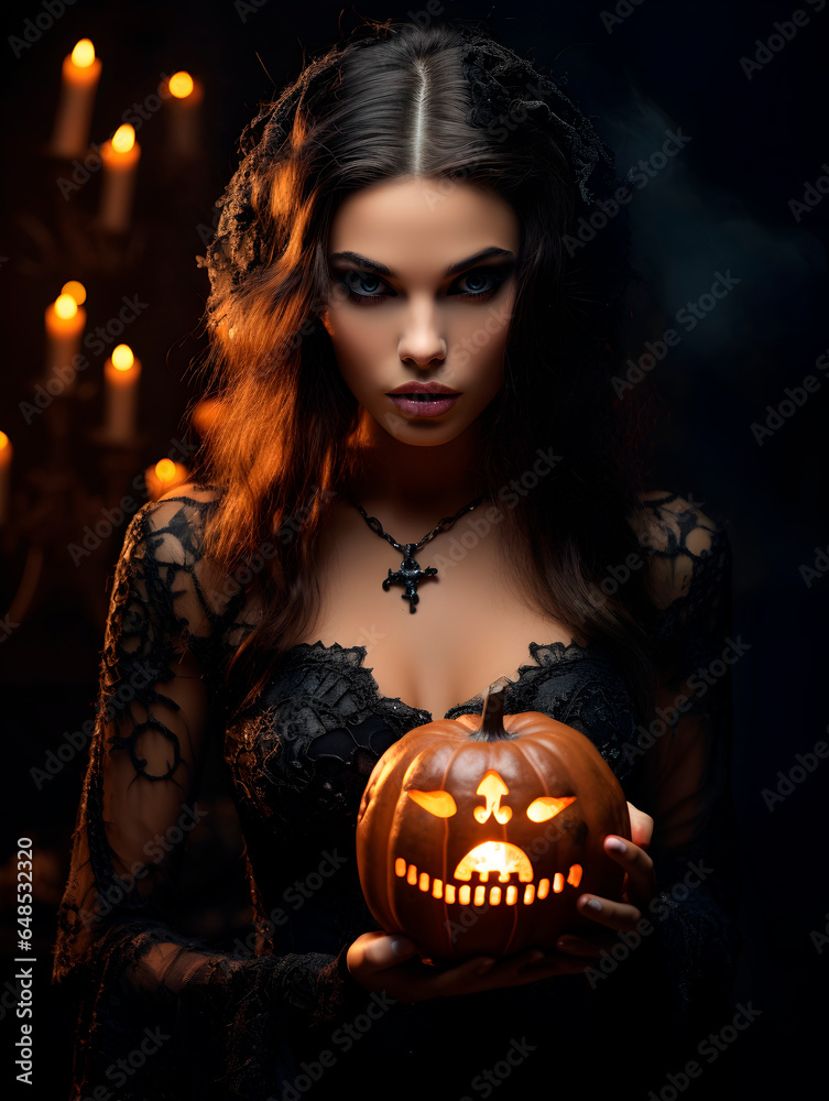 Beautiful girl model as a witch with a pumpkin in hands Beautiful girl model as a witch with a pumpkin in hands