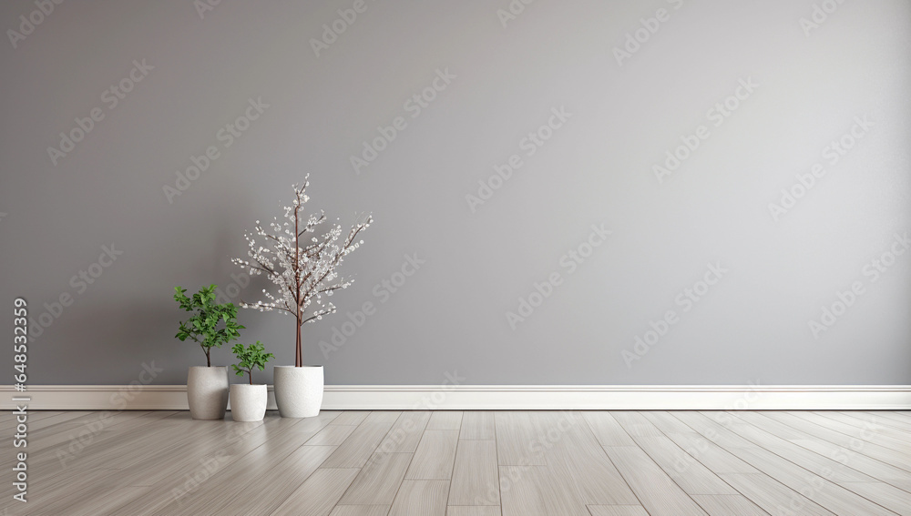 Modern living room with wooden floor and plants on the pot Modern living room with wooden floor and plants on the pot
