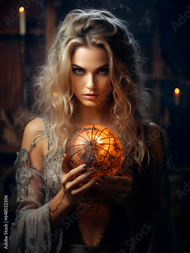 Beautiful girl model as a witch with a pumpkin in hands