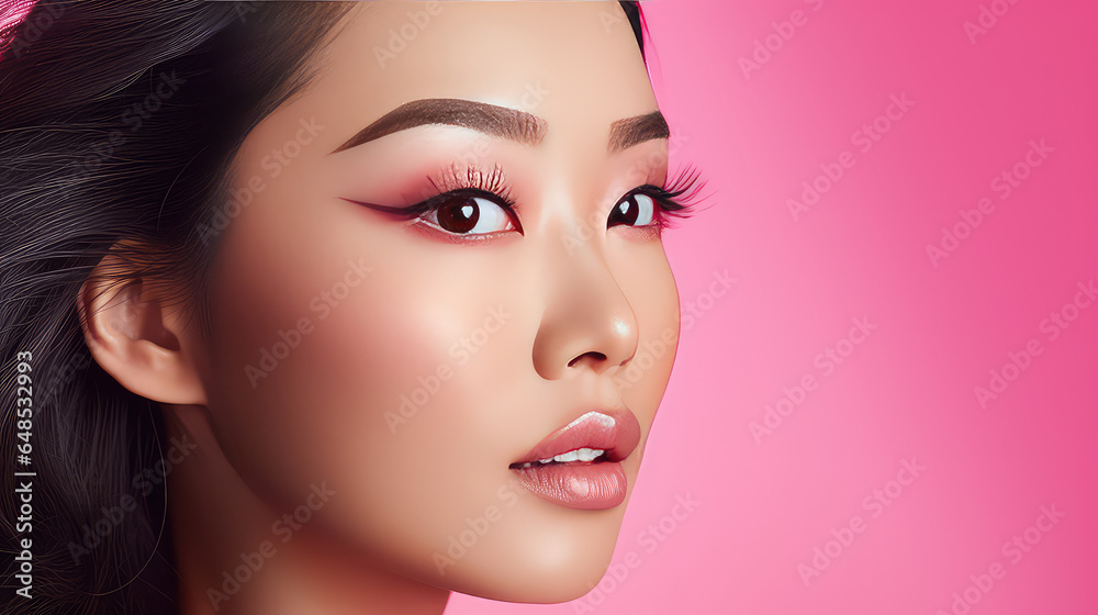 Creative close-up portrait of young Asian woman face on pink background with copy space. Female face with perfect smooth skin, Korean facial cosmetics. Creative close-up portrait of young Asian woman face on pink background with copy space. Female face with perfect smooth skin, Korean facial cosmetics.