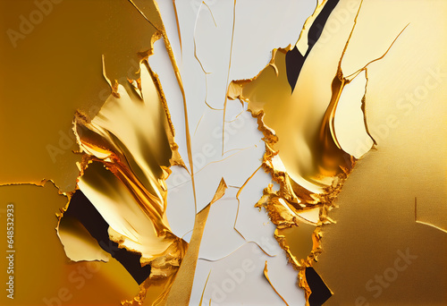 Abstract gold painting with gold paint and white, in the style of color splash, smokey background, pattern backdrop. Generative AI