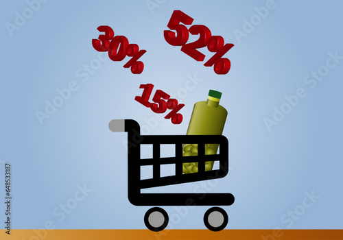Subida del aceite de oliva. Carrito del super transportando una garrafa de aceite de oliva y diferentes subidas de precios en rojo