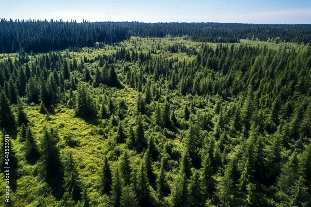 Aerial view of lush green coniferous forest, dense wild vegetation in summer. Generative AI