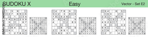 A set of 3 easy scalable sudoku X puzzles suitable for kids, adults and seniors and ready for web use, or to be compiled into a standard or large print activity book.