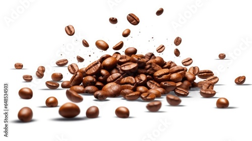 Falling down coffee beans on the floor, isolated on a white background. Generative AI