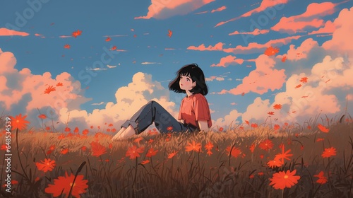 90s Retro-Style Animated Girl in an Autumn Field. 
※Illustration enhanced through AI technology and creative sketching.