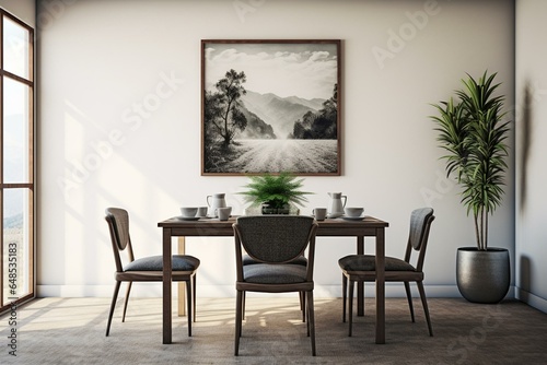 A furnished dining area with table, chairs, wall pictures, plant, potted plant, and a chair. Generative AI © Anika