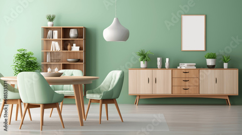Modern mint colored Scandinavian living room with dining table