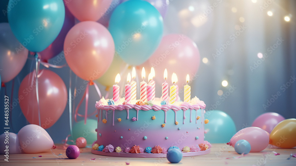 birthday cake celebration, cake with fancy candles on it, very cute pastel cake, decorating with cute icing stuff, bright background with ballons, happy birthday signage hanging on the top