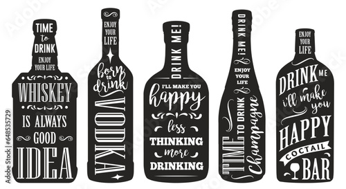 Alcoholic bottles set elements monochrome