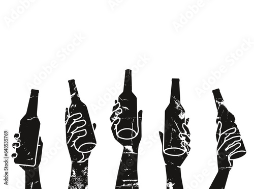Silhouettes of people holding drinks. Grunge illustration. Vector background. Can be yused as wall art, poster, element of cover, card, banner or other design.