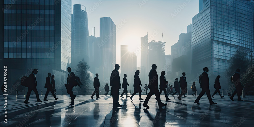 A group of people is against the backdrop of modern buildings. Blurred motion. Silhouette.