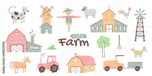 Cute Farm set. Hand drawn. Doodle cartoon dinosaur characters for nursery posters, cards, kids t-shirts. Vector illustration. Isolated on white background.	