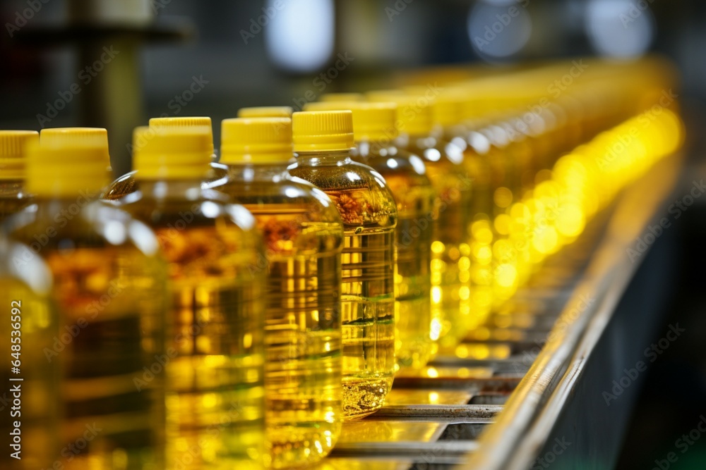 Refined sunflower oil production line conveyor system filling bottles from sunflower seeds