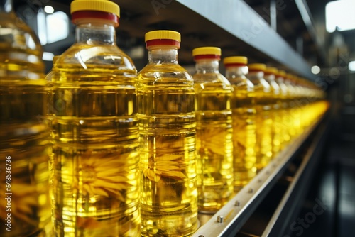 Sunflower and vegetable oil bottles on a production line against factory equipment