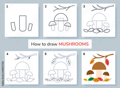 Drawing lesson for kids. How to draw mushrooms. 