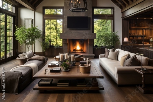 Beautiful rustic living space in elegant residence featuring wooden flooring  white paneling  hearth  and integrated TV. Generative AI