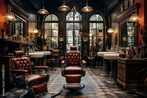Traditional men's grooming establishment with vintage decor and expert hairstylists. Generative AI © Evander