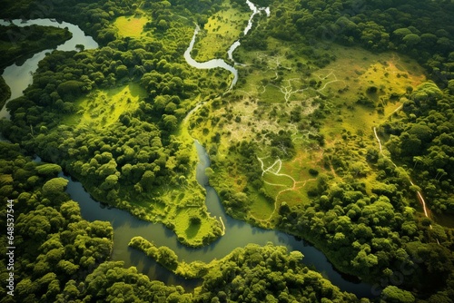 Bird's-eye view of lush green woodland teeming with diverse flora and fauna. Signifies the importance of preserving and restoring natural rainforest ecosystems. Generative AI © Eirene