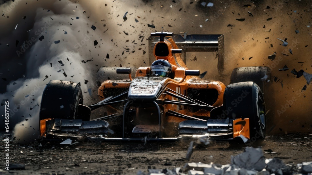 Destroyed Formula 1 sports car