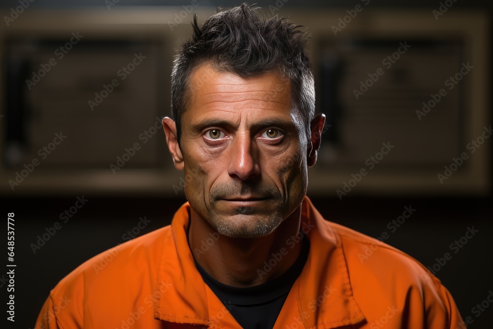 portrait of a prisoner in orange jumpsuit - obrazy, fototapety, plakaty 