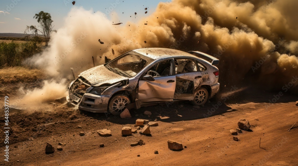 the car drives fast, kicking up dust and dirt the car drives fast, kicking up dust and dirt