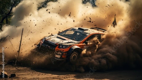 the car drives fast, kicking up dust and dirt