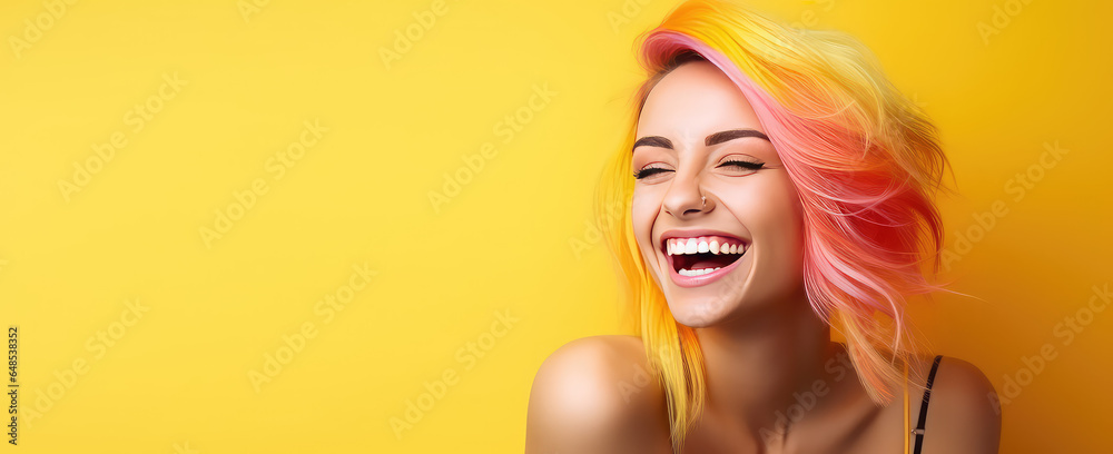 Young beautiful smiling happy woman with rainbow colored wavy hair isolated on flat yellow background with copy space, banner template of Creative hair coloring.