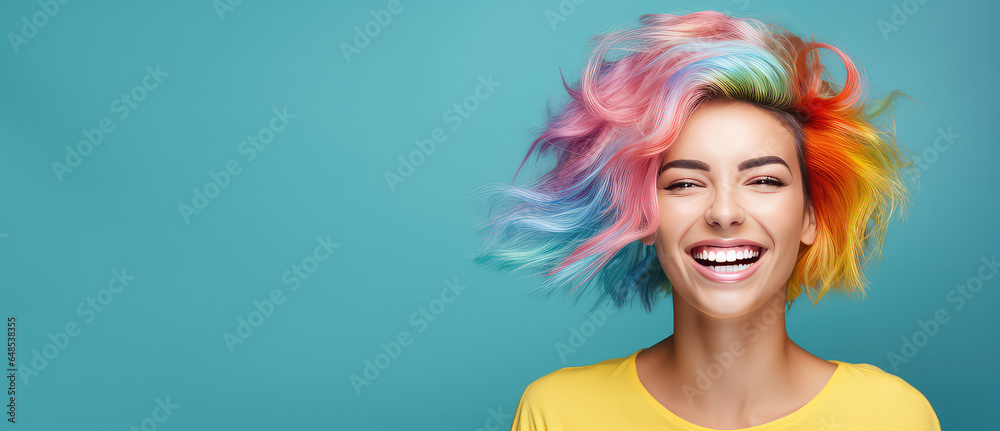 Young beautiful smiling happy woman with rainbow colored wavy hair isolated on flat blue background with copy space, banner template of Creative hair coloring. - obrazy, fototapety, plakaty 