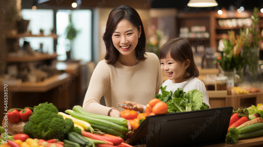 Family in the supermarket. Beautiful young mom and her little daughter smiling and buying food. The concept of healthy eating. Harvest