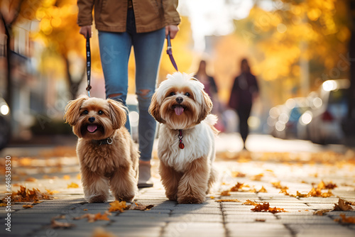 Walking dogs on a leash through the autumn city 4
