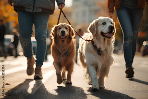 Walking dogs on a leash through the autumn city 1