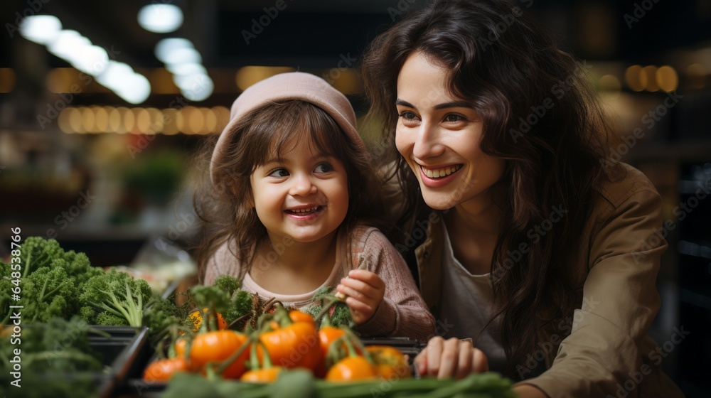 Family in the supermarket. Beautiful young mom and her little daughter smiling and buying food. The concept of healthy eating. Harvest