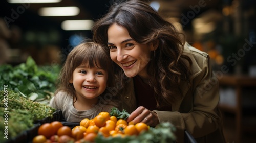 Family in the supermarket. Beautiful young mom and her little daughter smiling and buying food. The concept of healthy eating. Harvest