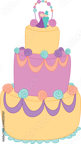 Three-layer wedding cake isolated on white background. Hand drawn cartoon vector illustration of cute  pie with figurines of bride and groom
