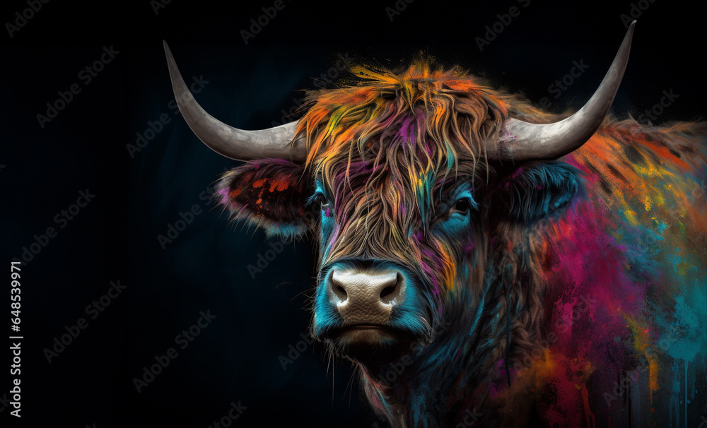 Abstract highland cow head portrait, scottish highland cow from multicolored paints Abstract highland cow head portrait, scottish highland cow from multicolored paints